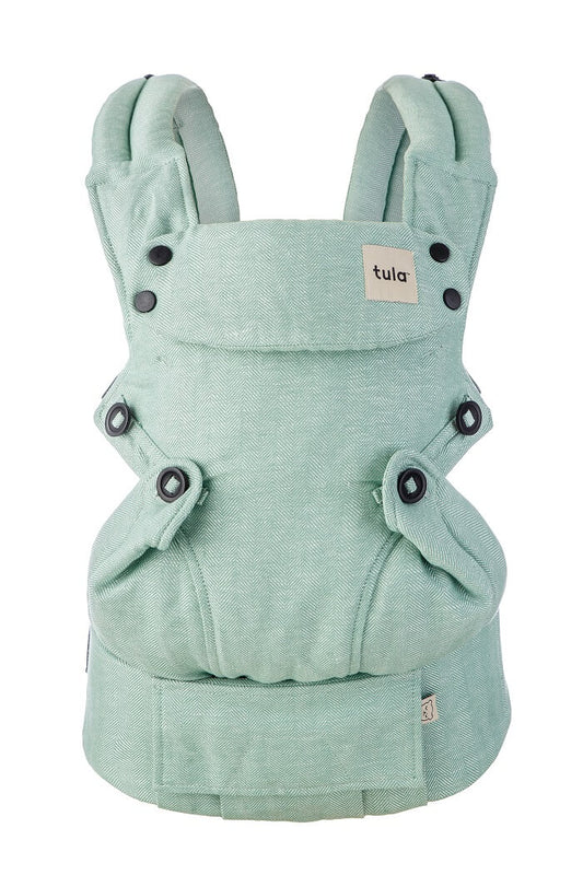 Baby Tula Explore Linen Eucalyptus carrier is a soft green with gray undertones