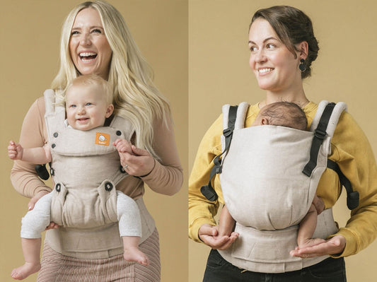 Deux mamans et leurs enfants dans des porte-bébés différents. L'une utilisant Explore en position face au monde et l'autre utilisant Free-to-Grow en position face au porteur.
